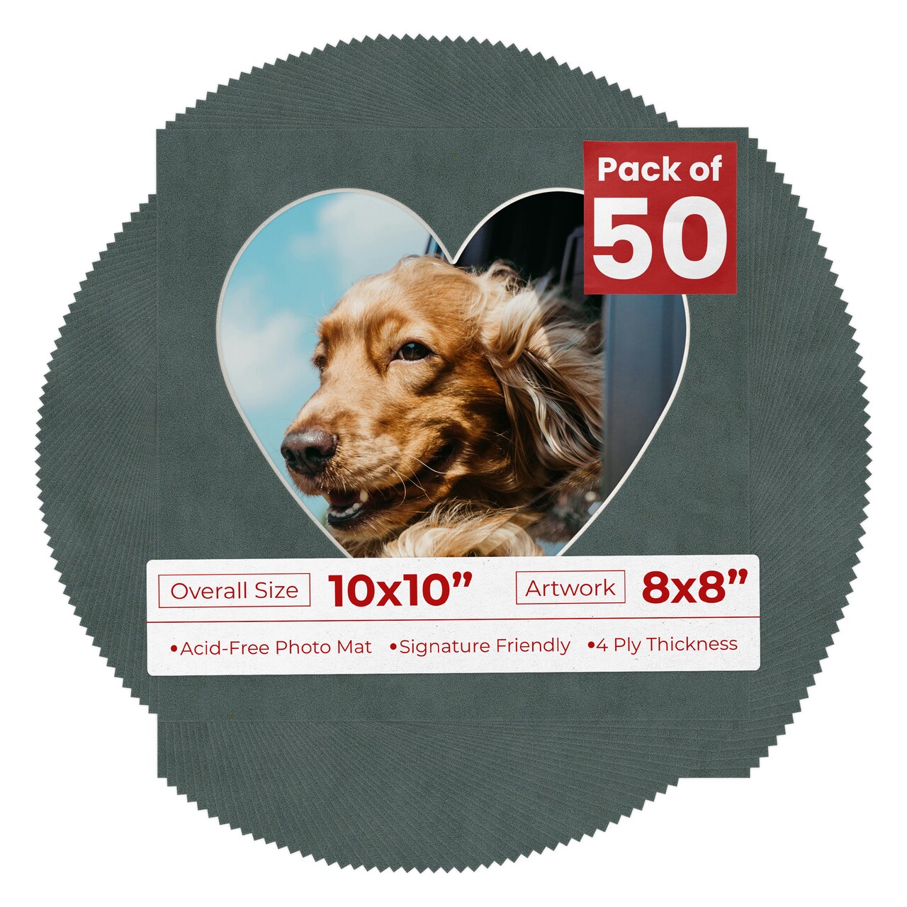 Dark Grey Suede Mat Board for 10x10 Frames - Heart Opening for 8x8 Photos
